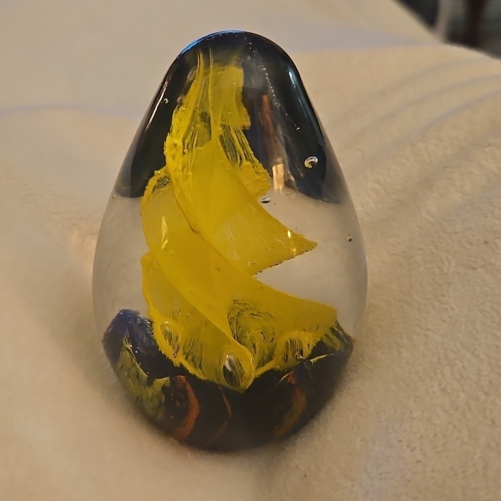 Vintage Yellow Swirl and Blue Art Glass Egg Shape Paperweight Decor - Picture 6 of 6